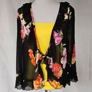 Sea Suns Vintage Sheer Black Tropical Floral Ruffled Collar Tie Front Blouse